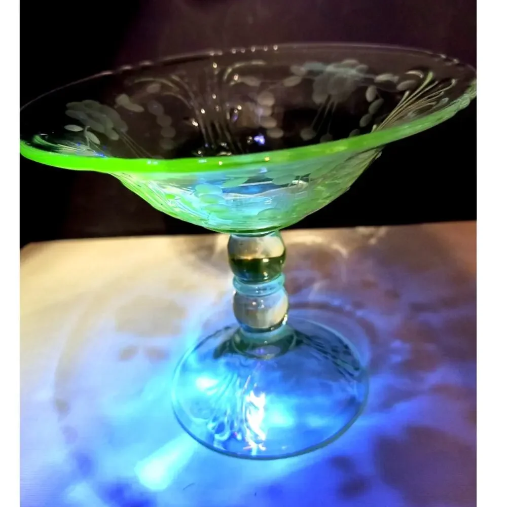 1147. Vintage Etched Crystal Compote Pedestal Base UV Reactive